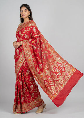 Red Handloom Tussar Pure Silk Saree With Blouse Piece