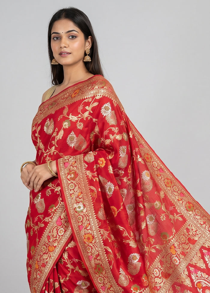 Red Handloom Tussar Pure Silk Saree With Blouse Piece