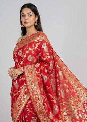 Red Handloom Tussar Pure Silk Saree With Blouse Piece