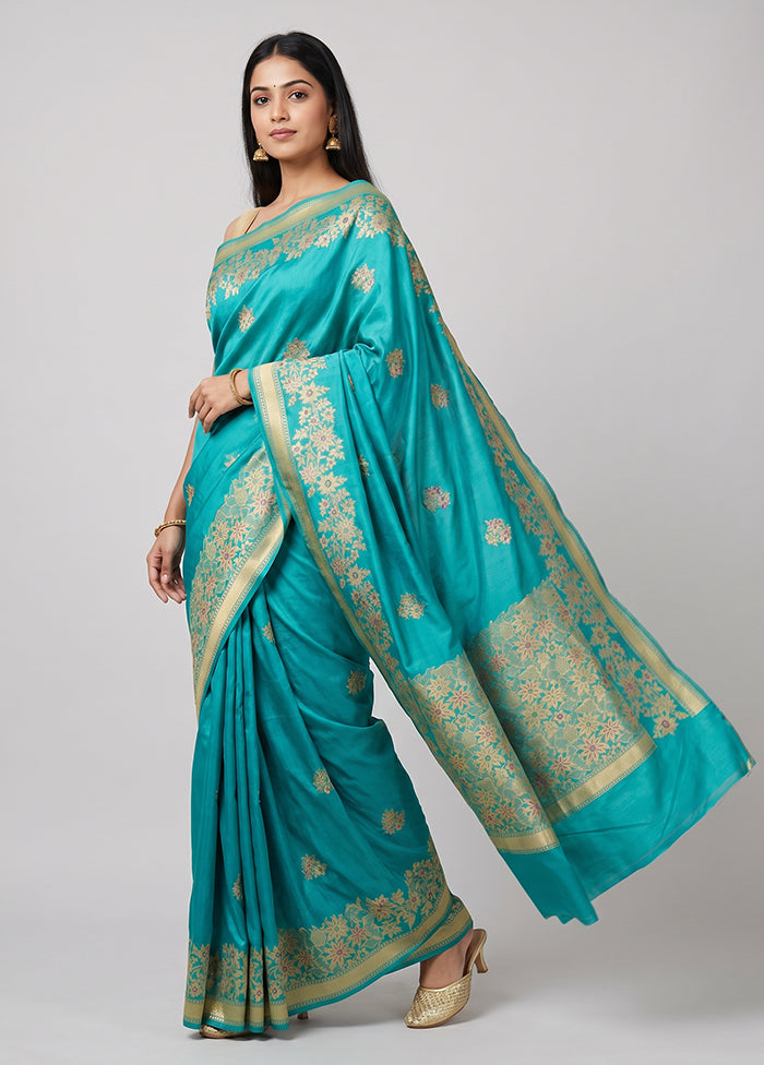 Blue Handloom Katan Pure Silk Saree With Blouse Piece