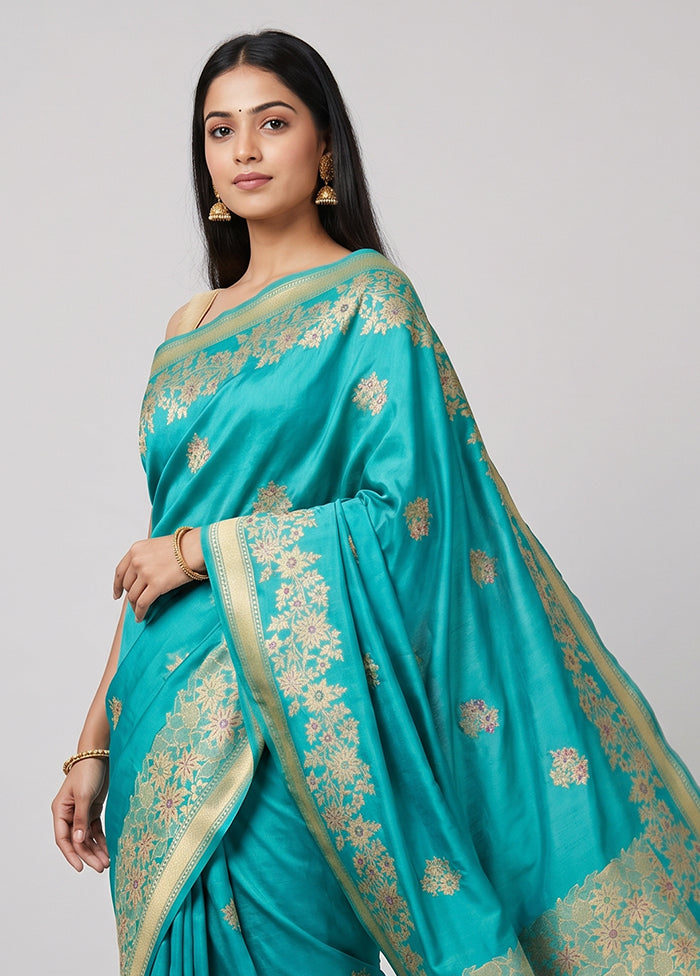 Blue Handloom Katan Pure Silk Saree With Blouse Piece