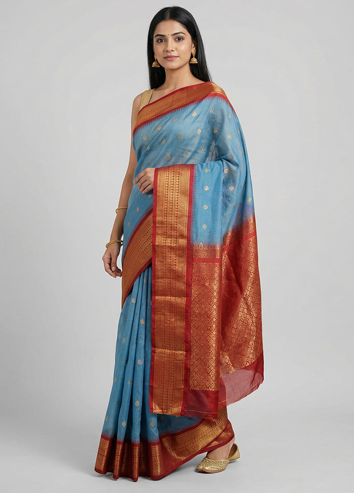 Blue Gadwal Silk Saree Without Blouse Piece