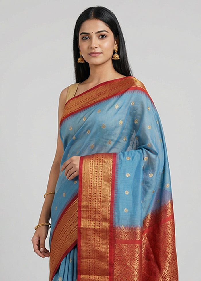 Blue Gadwal Silk Saree Without Blouse Piece