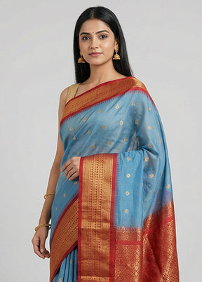 Blue Gadwal Silk Saree Without Blouse Piece