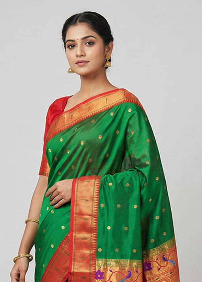 Green Handloom Kanchipuram Pure Silk Saree With Blouse Piece