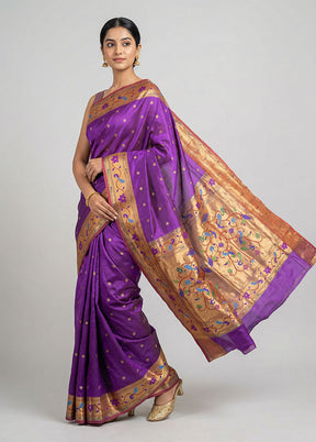 Purple Handloom Kanchipuram Pure Silk Saree With Blouse Piece