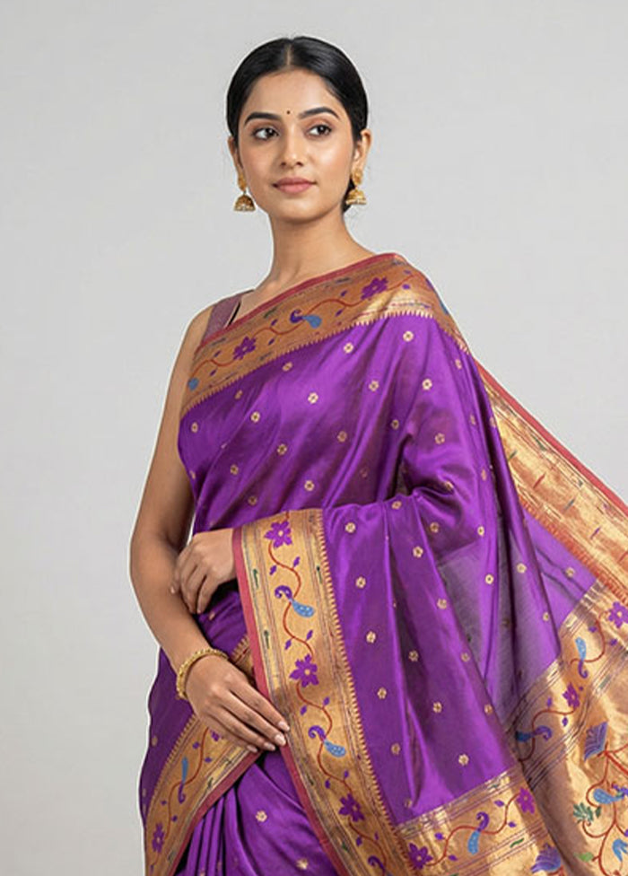 Purple Handloom Kanchipuram Pure Silk Saree With Blouse Piece