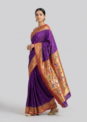 Purple Handloom Kanchipuram Pure Silk Saree With Blouse Piece