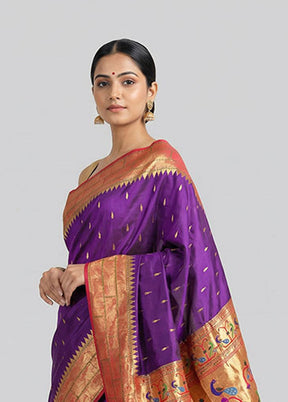 Purple Handloom Kanchipuram Pure Silk Saree With Blouse Piece