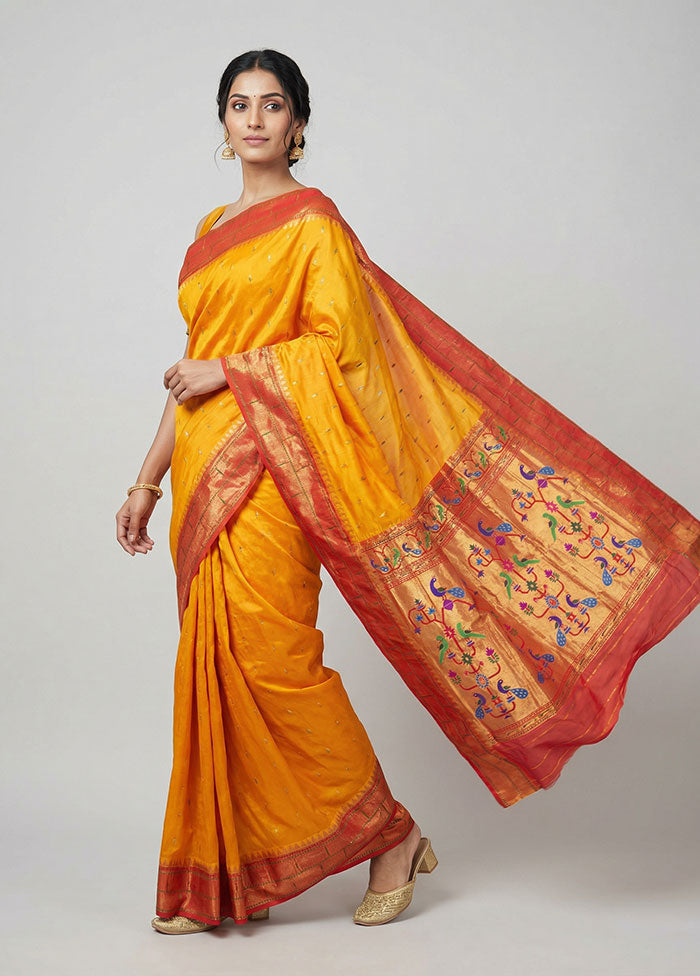 Orange Handloom Kanchipuram Pure Silk Saree With Blouse Piece