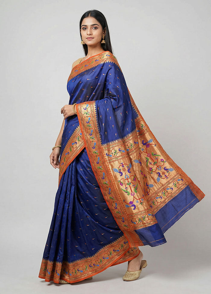 Blue Handloom Kanchipuram Pure Silk Saree With Blouse Piece