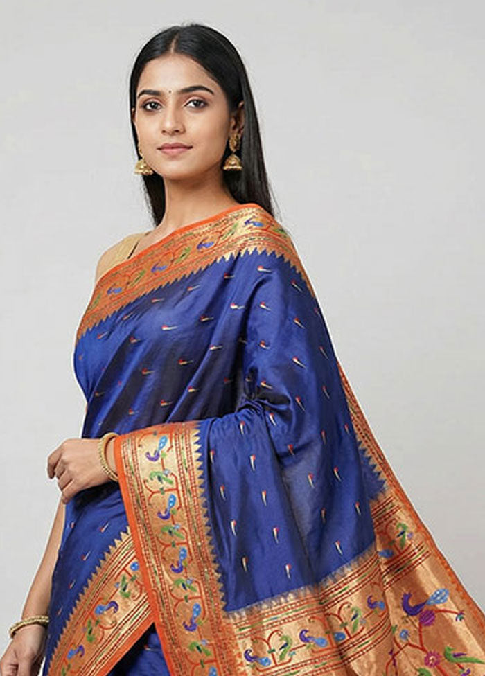 Blue Handloom Kanchipuram Pure Silk Saree With Blouse Piece