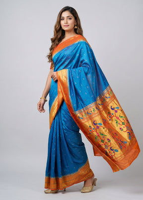 Blue Handloom Kanchipuram Pure Silk Saree With Blouse Piece