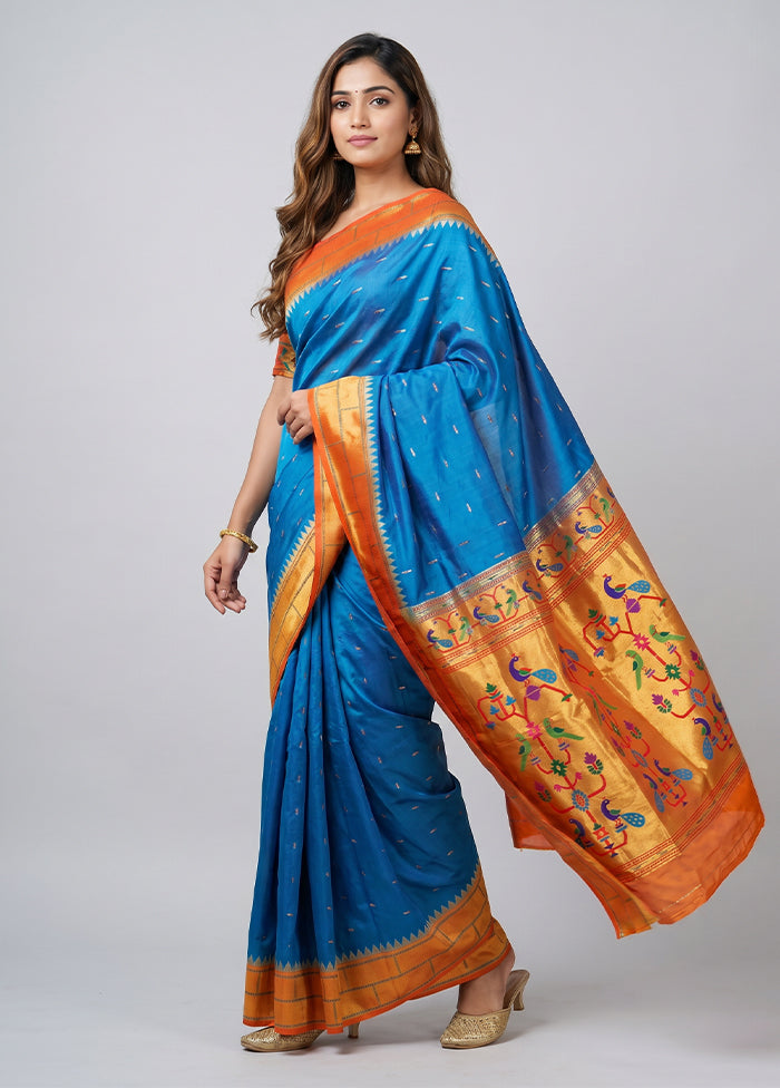 Blue Handloom Kanchipuram Pure Silk Saree With Blouse Piece