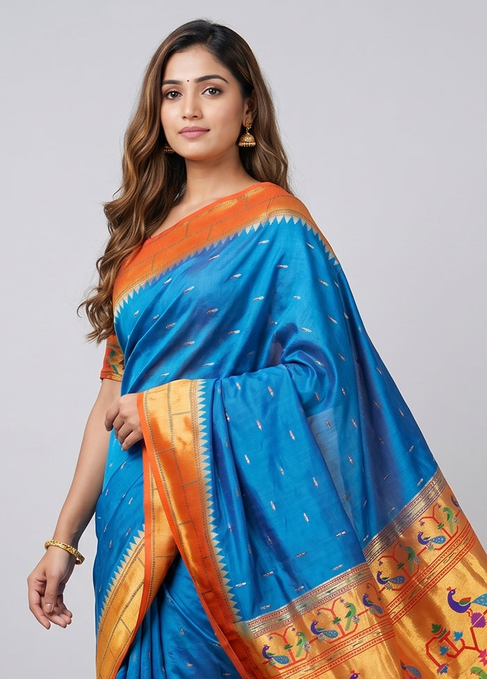 Blue Handloom Kanchipuram Pure Silk Saree With Blouse Piece