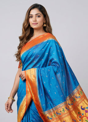 Blue Handloom Kanchipuram Pure Silk Saree With Blouse Piece