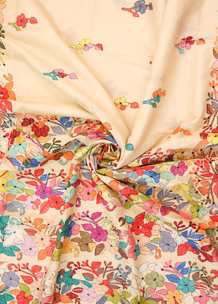 Cream Handloom Kantha Stitch Pure Silk Saree With Blouse Piece