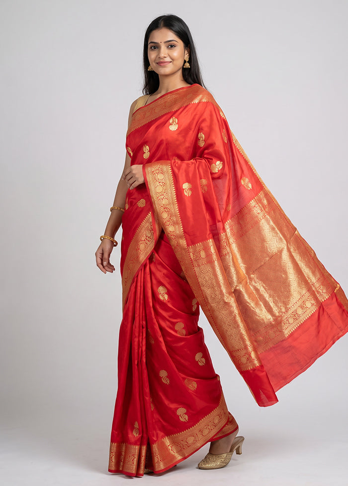 Red Handloom Katan Pure Silk Saree With Blouse Piece