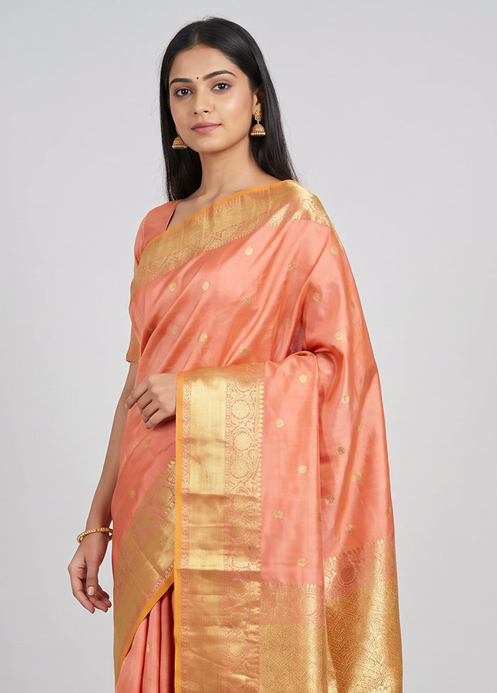 Peach Handloom Katan Pure Silk Saree With Blouse Piece