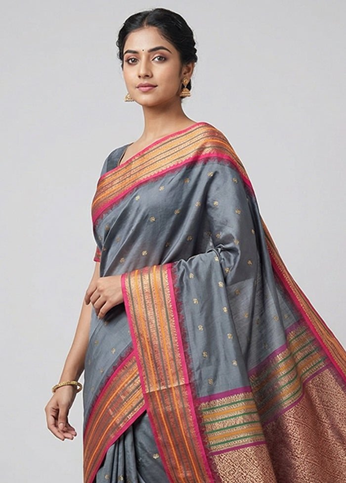 Grey Kanjivaram Silk Saree With Blouse Piece