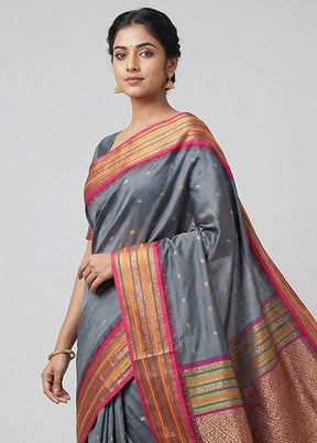 Grey Kanjivaram Silk Saree With Blouse Piece