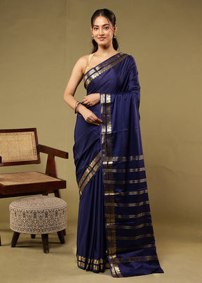 Blue Printed Silk Saree With Blouse Piece