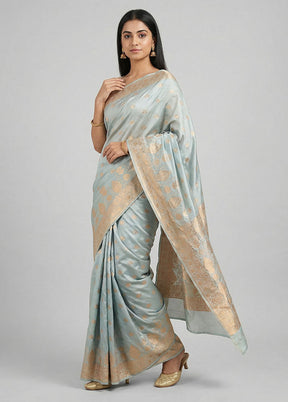 Grey Banarasi Silk Saree With Blouse Piece