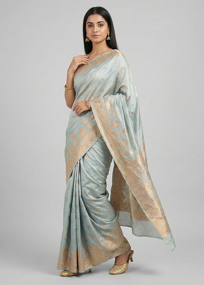 Grey Banarasi Silk Saree With Blouse Piece