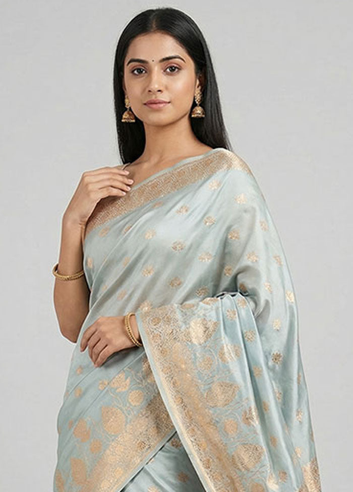 Grey Banarasi Silk Saree With Blouse Piece