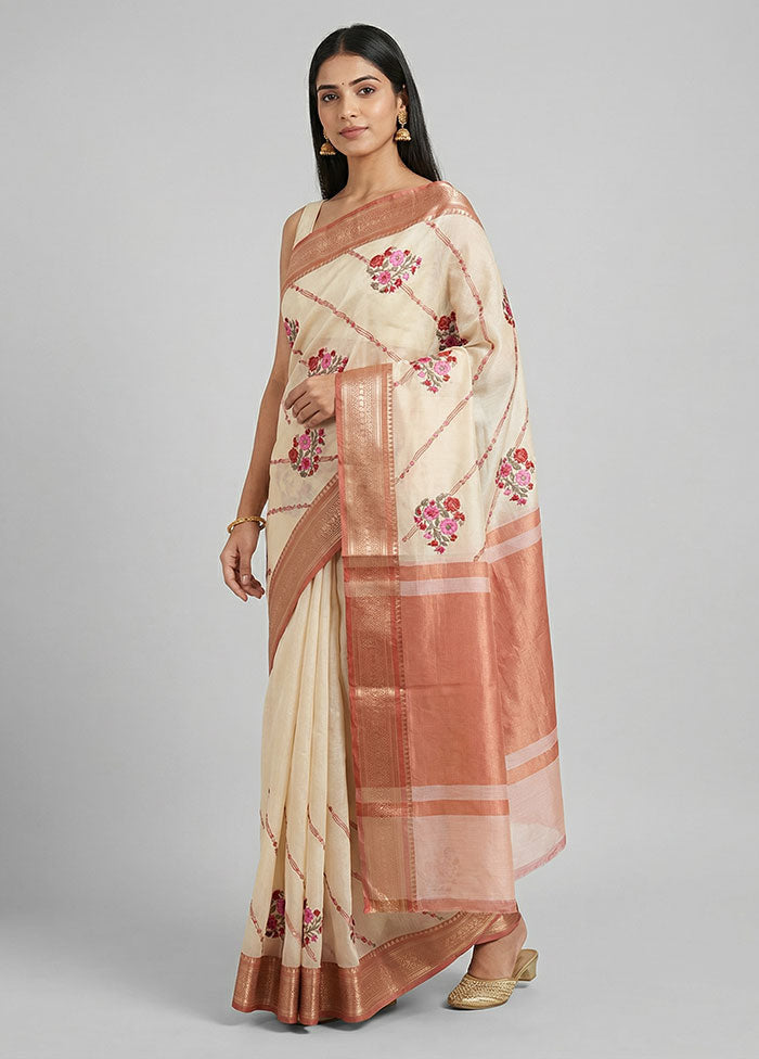 Cream Kora Silk Saree With Blouse Piece