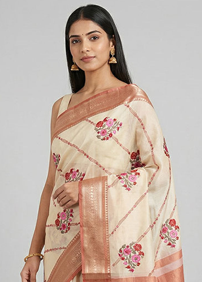 Cream Kora Silk Saree With Blouse Piece