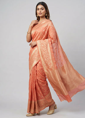 Peach Kora Silk Saree With Blouse Piece