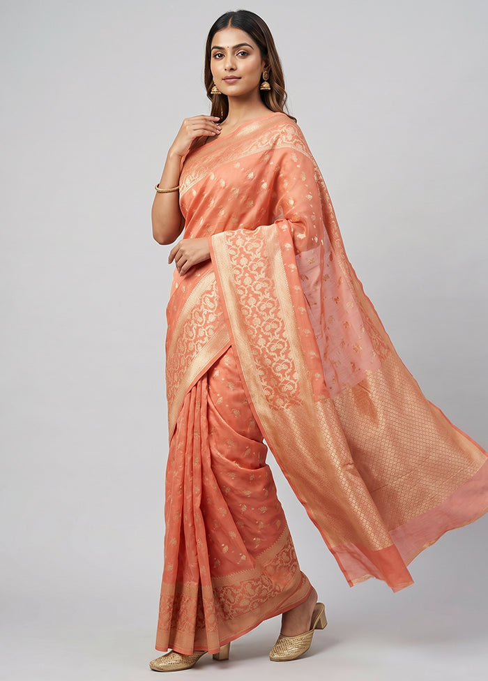 Peach Kora Silk Saree With Blouse Piece