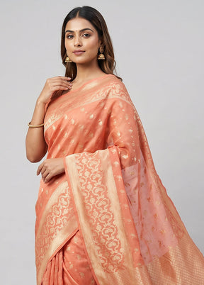 Peach Kora Silk Saree With Blouse Piece