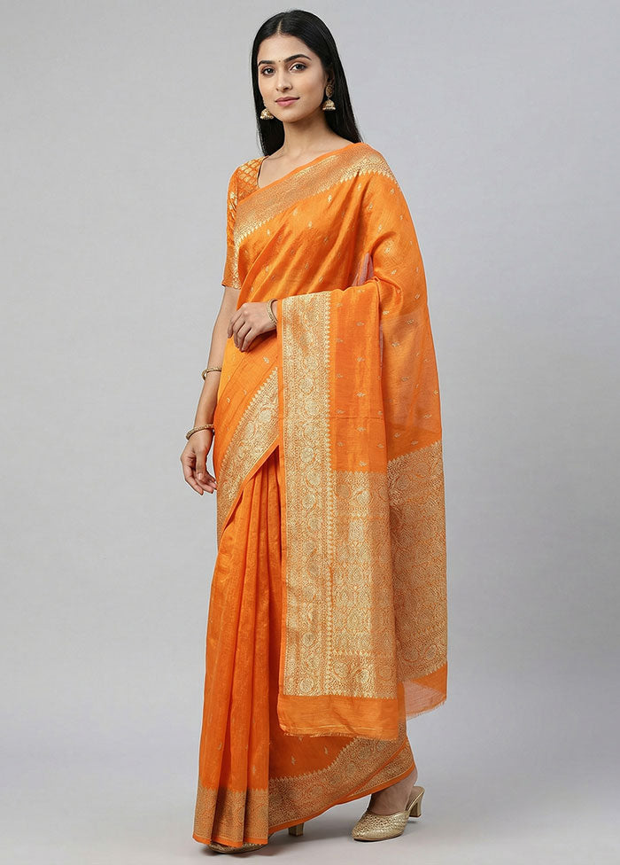 Orange Kora Silk Saree With Blouse Piece