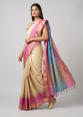 Cream Handloom Kanjivaram Pure Silk Saree With Blouse Piece
