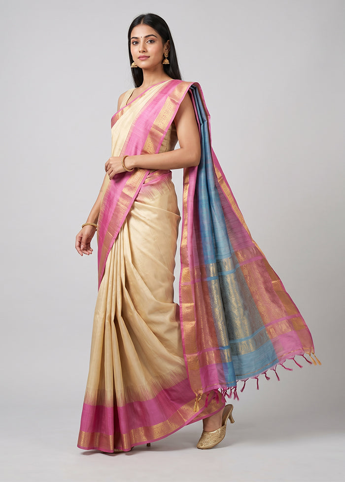 Cream Handloom Kanjivaram Pure Silk Saree With Blouse Piece