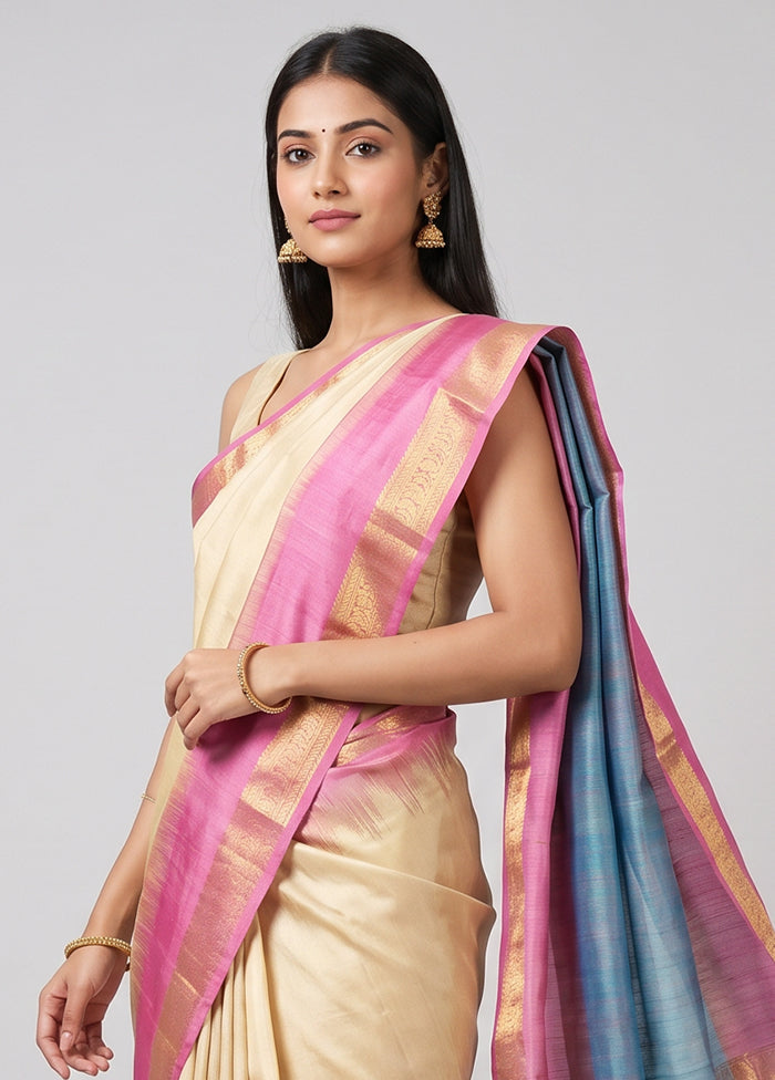 Cream Handloom Kanjivaram Pure Silk Saree With Blouse Piece