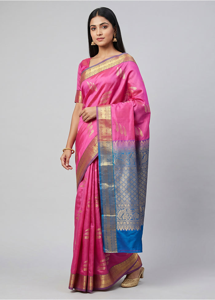 Pink Handloom Kanjivaram Pure Silk Saree With Blouse Piece