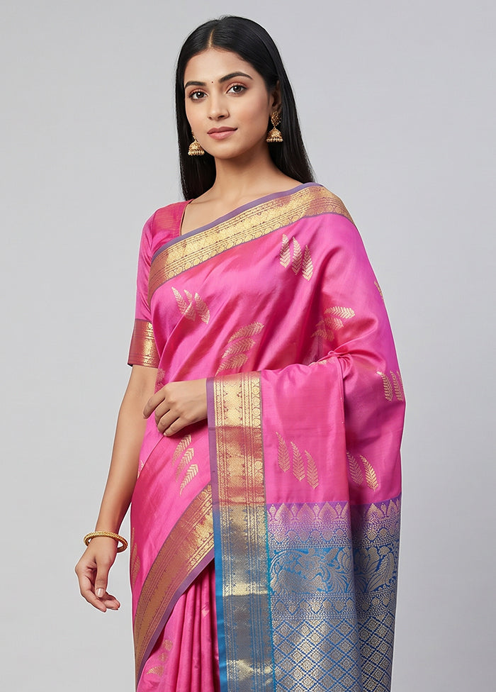 Pink Handloom Kanjivaram Pure Silk Saree With Blouse Piece