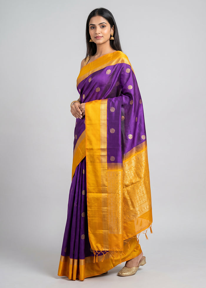 Purple Handloom Kanchipuram Pure Silk Saree With Blouse Piece