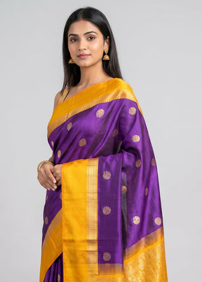 Purple Handloom Kanchipuram Pure Silk Saree With Blouse Piece