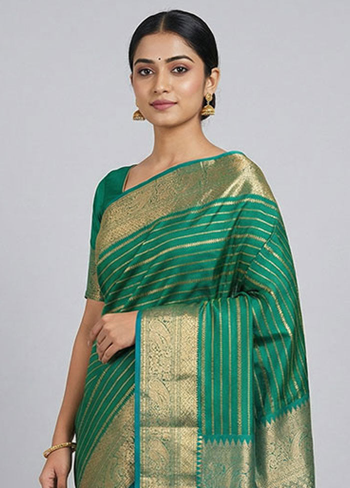 Green Handloom Kanjivaram Pure Silk Saree With Blouse Piece