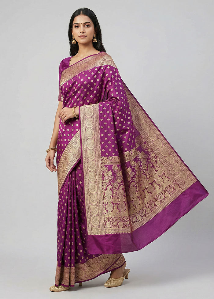 Purple Handloom Banarasi Pure Silk Saree With Blouse Piece