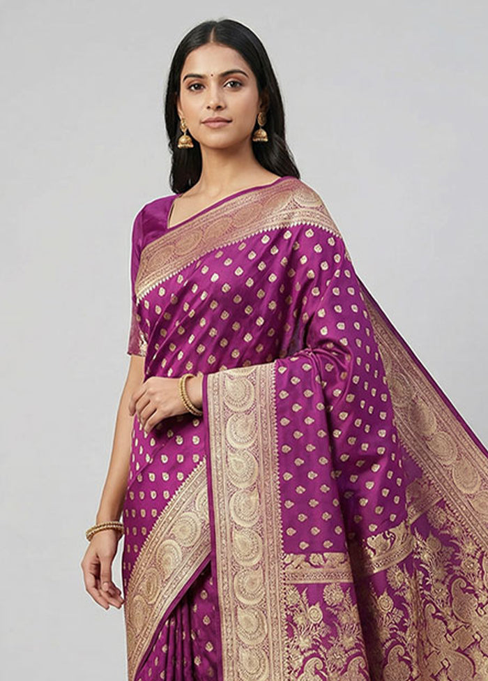 Purple Handloom Banarasi Pure Silk Saree With Blouse Piece