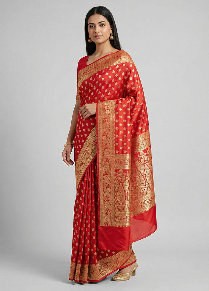 Red Handloom Banarasi Pure Silk Saree With Blouse Piece