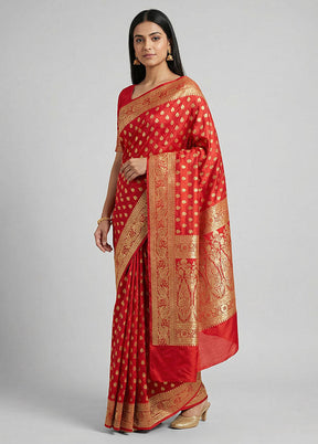 Red Handloom Banarasi Pure Silk Saree With Blouse Piece