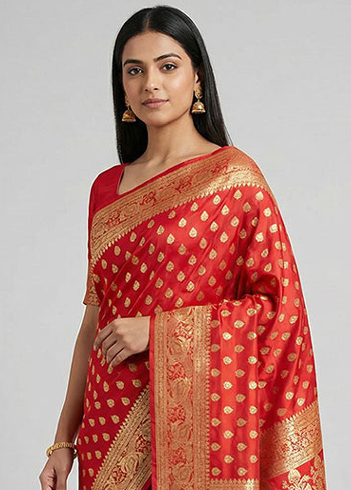 Red Handloom Banarasi Pure Silk Saree With Blouse Piece