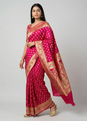 Pink Handloom Banarasi Pure Silk Saree With Blouse Piece