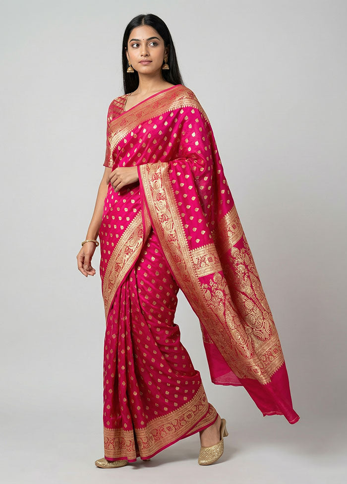 Pink Handloom Banarasi Pure Silk Saree With Blouse Piece